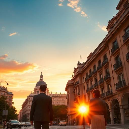 Imagen promocional de la serie 'Avenida del Sol', mostrando los personajes principales frente a un atardecer en Madrid.